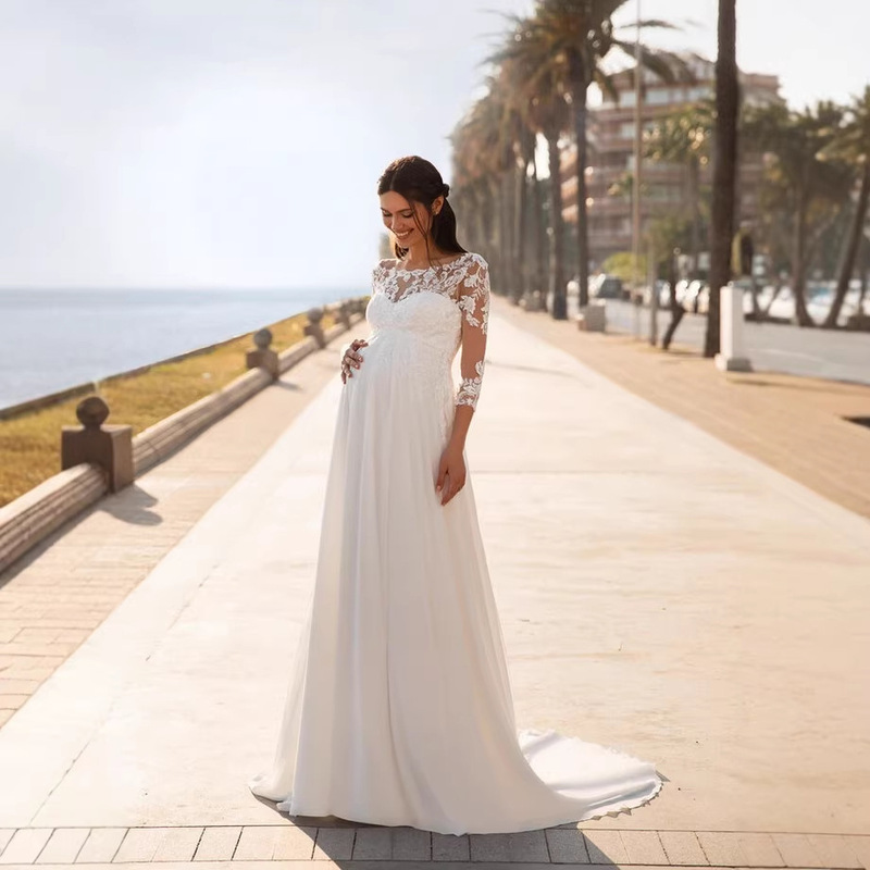 European and American Foreign Trade Amazon Aliexpress Wish Women's New Lace High-Waisted Maternity Chiffon Wedding Dress Long Style