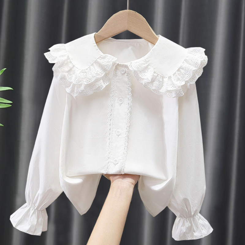 Cross-Border Girls' Pure Cotton Doll Collar Long-Sleeve Shirt, New Spring and Autumn Stylish White Performance Top for Older Children
