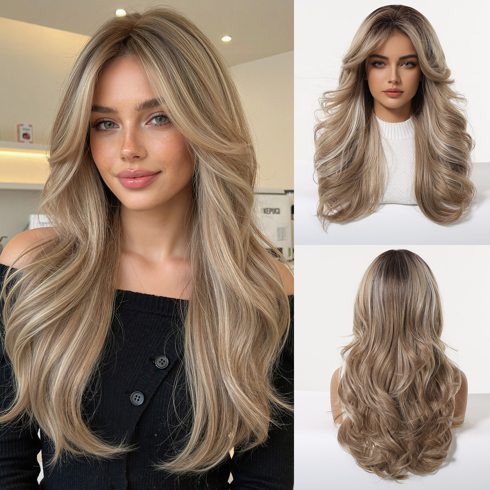Peluca de Cabello Largo y Rizado con Degradado Blanco Dorado, Estilo Europeo y Americano, Natural y Moderna, con Ondas Grandes, para Mujer