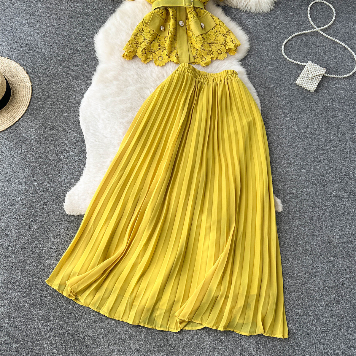 Damen Zweiteiliges Set Aus Kurzarmbluse Und Plisseerock Für Den Sommer_voghion.com