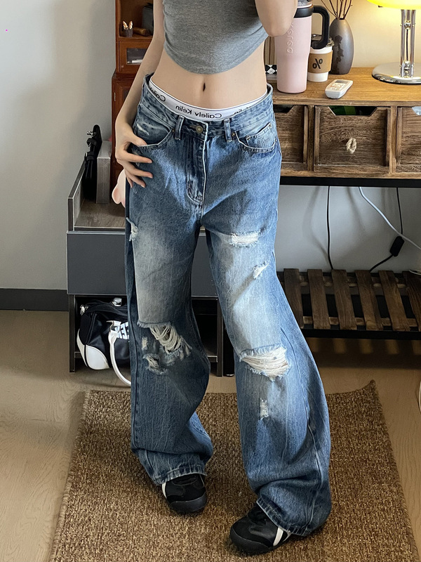 美式复古水洗做旧乞丐破洞牛仔裤女春秋新款宽松直筒阔腿拖地长裤|undefined