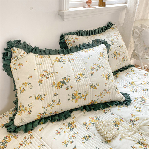 French retro style cotton quilted bed cover four-piece set single bed cover pillowcase lace bedding three-piece set cross-border