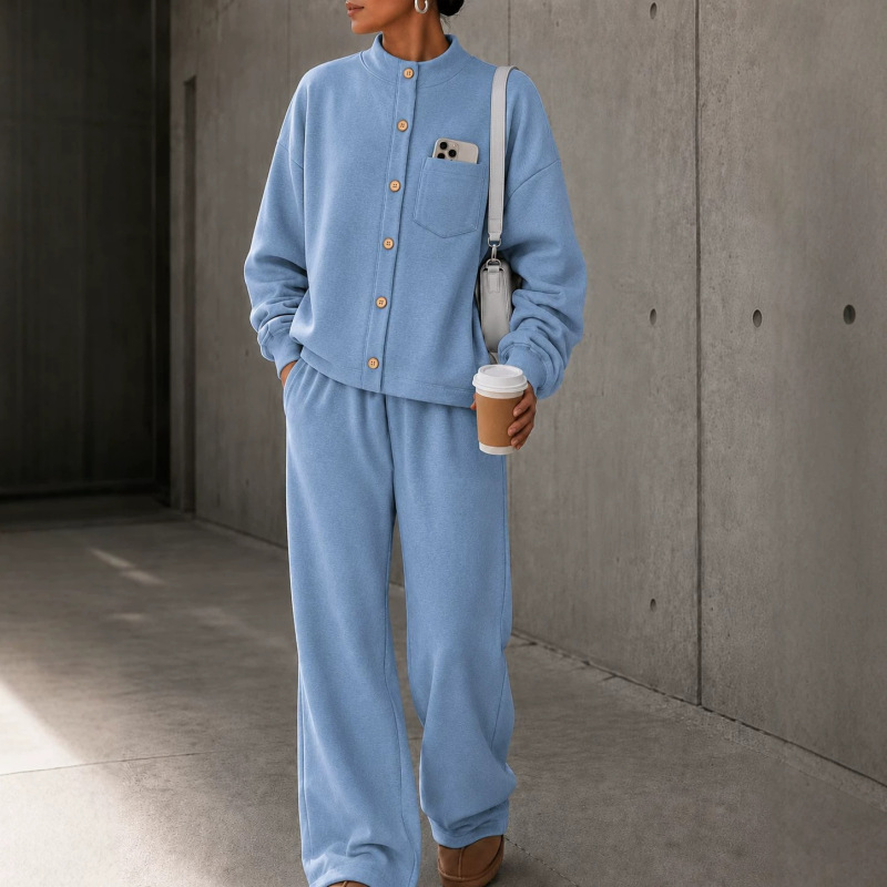 2026 cross-border European and American women's autumn and winter new collection: stand-up collar cardigan sweater and wide-leg long pants, a loose and casual two-piece set for women 2026 cross-border European and American women's autumn and winter new collection: stand-up collar cardigan sweater and wide-leg long pants, a loose and casual two-piece set for women