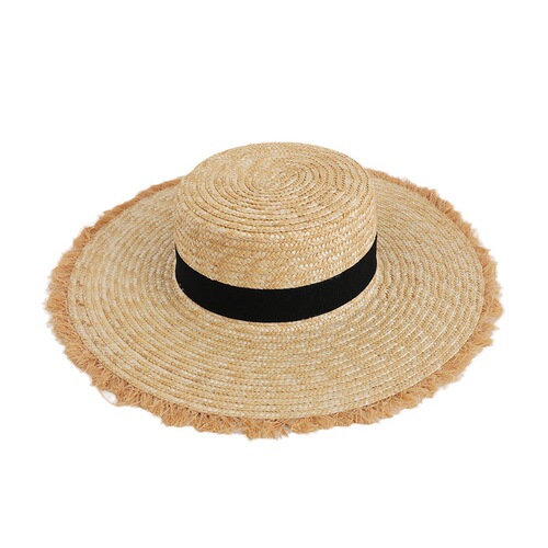 Cross-border grass braided wide-brimmed flat-top hat for women, summer beach sand sunshade, sunscreen woven brim edge, embellished hat