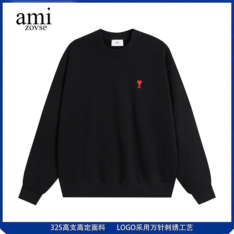 Ami&Zovse High-Quality Spring and Autumn Small Heart Round-Neck Sweatshirt Couple Style Embroidered Loose Cotton Men's Top