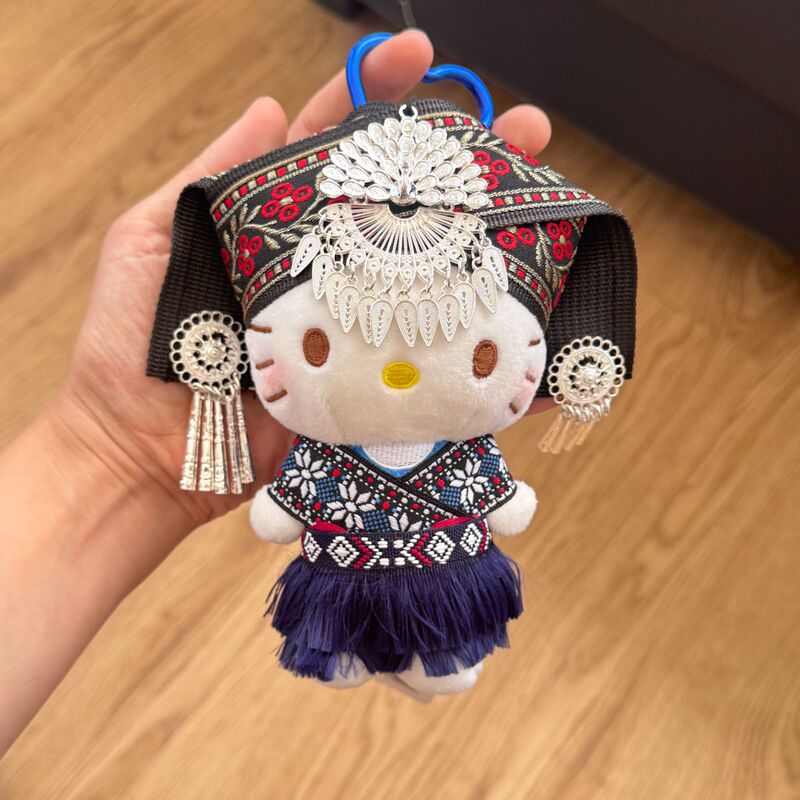 Authentic Miao Ethnic Girl Hello Kitty Bag Pendant, Ethnic Style Silver Ornament Backpack Charm, Gift for Friends
