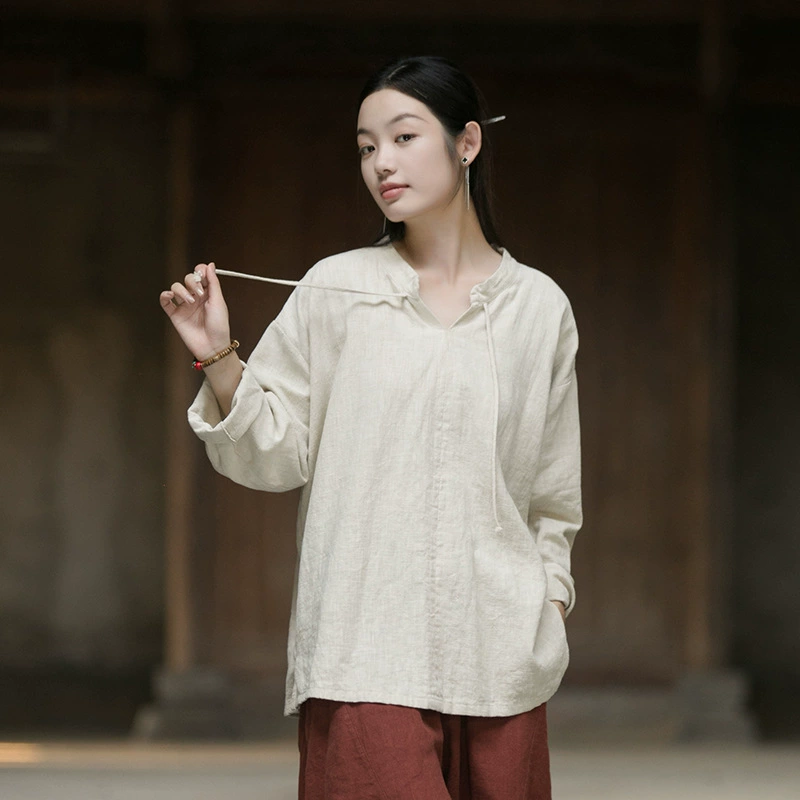 Новая осенняя женская футболка из хлопка и льна, свободного кроя, с эффектом санда-вош, из рами, с длинным рукавом, для создания иллюзорного эффекта стройности