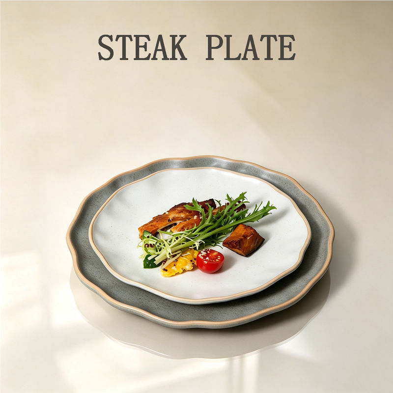 Creative Lace-Patterned Steak Plate, French-Style Pasta Plate, Rustic Ceramic Pizza Plate, Vintage Home-Use Restaurant Commercial Large Flat Plate