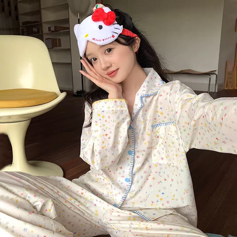 云朵绵日系睡衣女士春秋季大码长袖可爱卡通星星可外穿家居服套装