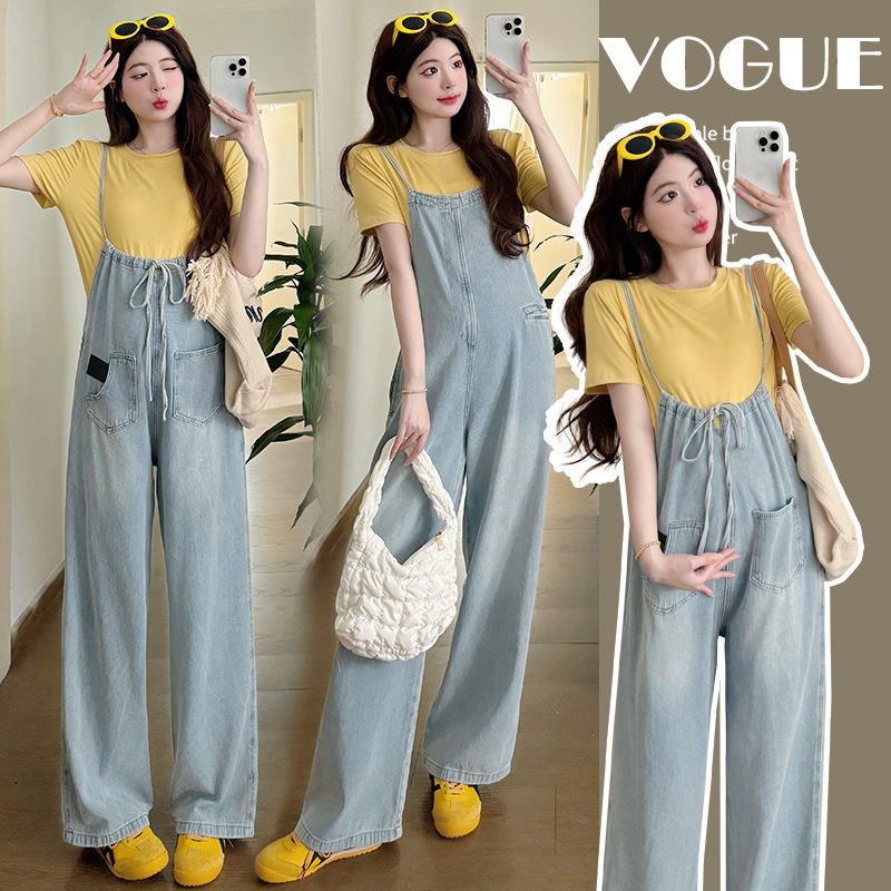 Real shot fashion summer maternity clothes new front and back wide leg suspenders yellow short sleeve suit