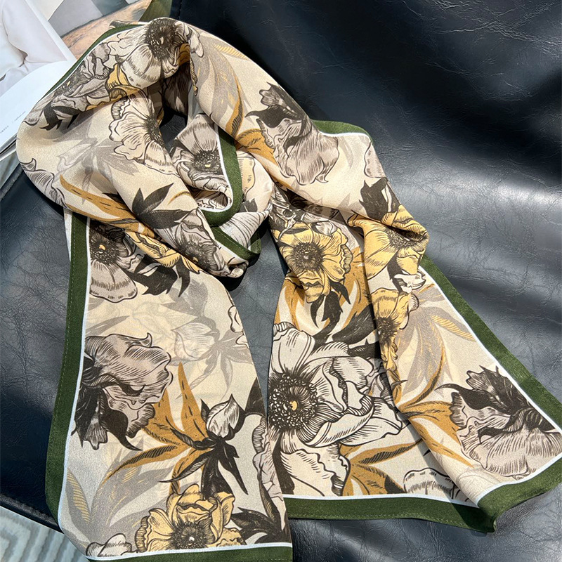 Temperament Style!Early Autumn Light Coffee Style Botanical Print Silk Shawl Scarf Two-Purpose Women's Autumn And Winter Versatile Silk Scarf