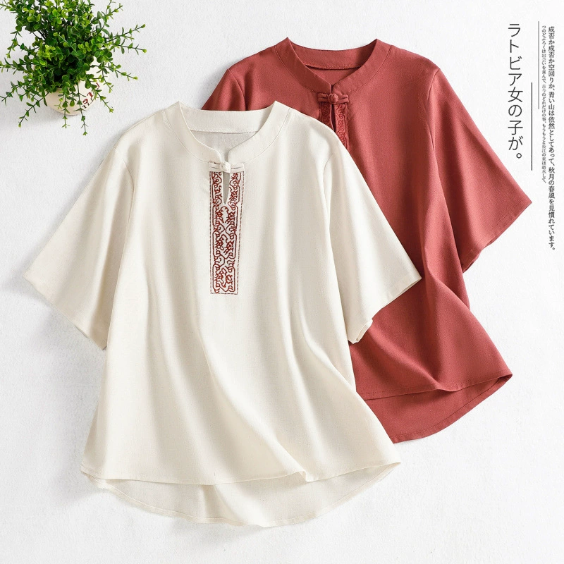 Женская летняя однотонная хлопковая футболка в этническом стиле с вышивкой, свободная художественная темпераментная футболка на пуговицах