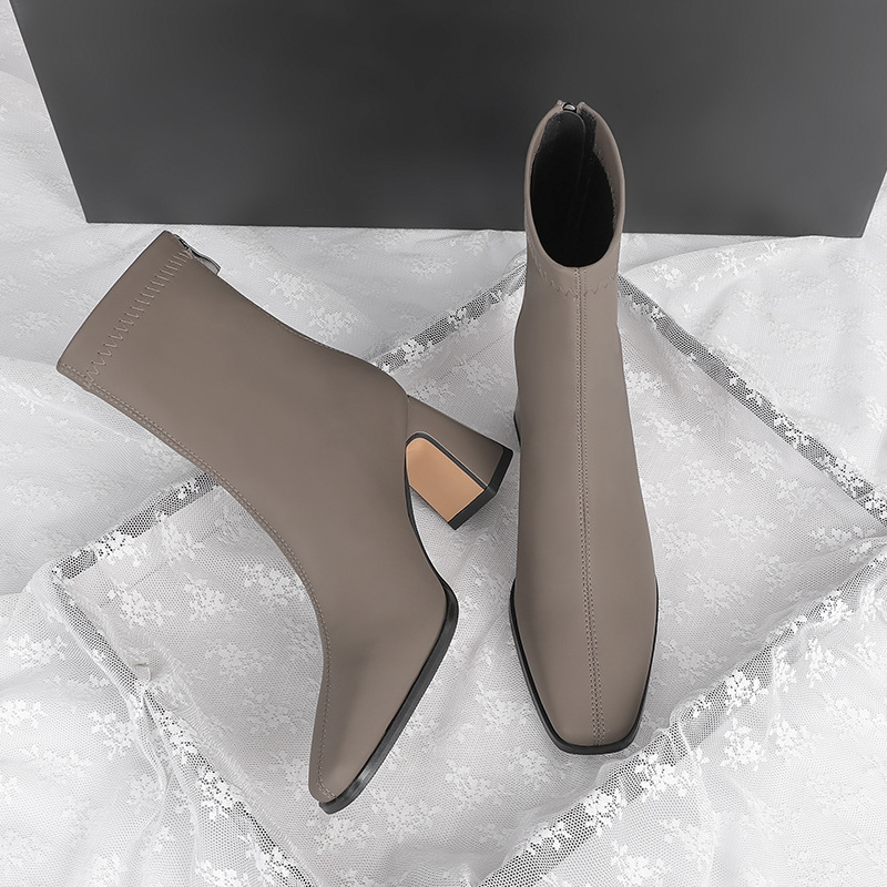 Short Boots Women 2024 New Thick Heel Square Toe High Heels Fashion All-match Black Thin Boots Dark Green Women's Boots