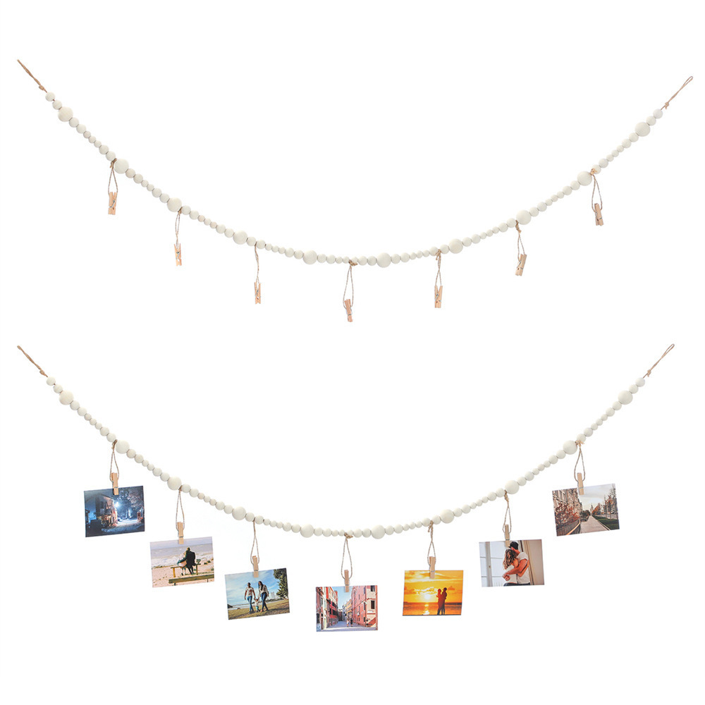 Visualización de fotos colgantes de cuentas de madera Color de madera Cuentas de madera de hilo de cáñamo Clip de madera con flecos Decoración de almacenamiento de fotos