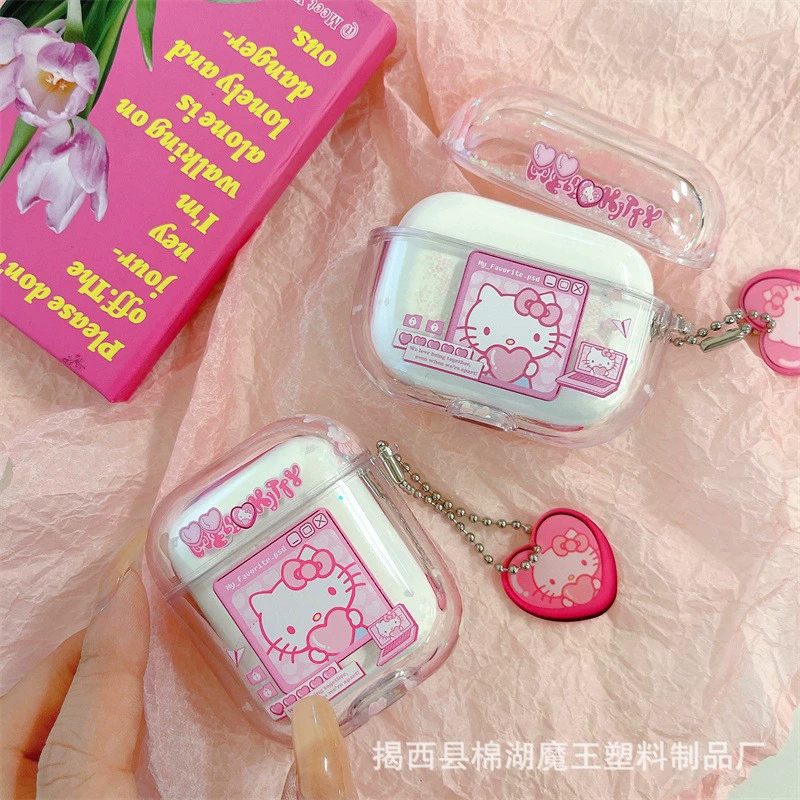 Защитный чехол (Apple) AirPods 1/2, 3, Pro/Pro2 — прозрачный с принтом hello kitty и брелоком