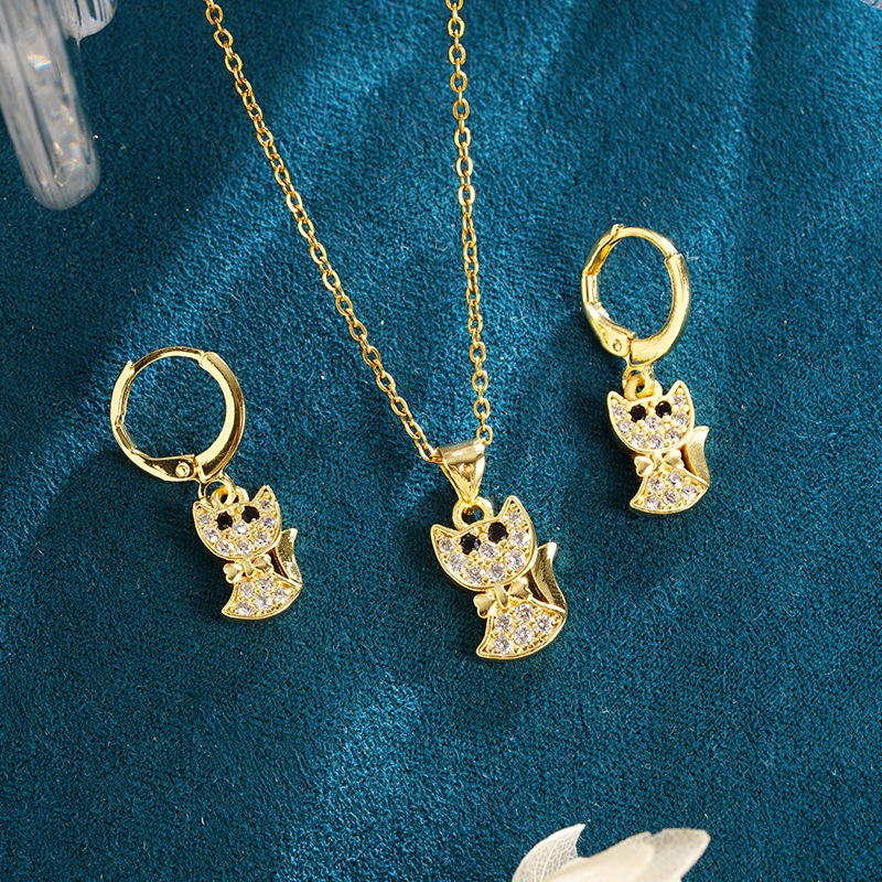 Vietnam Shajin estilo caliente personalidad moda lindo gato collar con microincrustaciones pendientes conjunto de joyería joyería transfronteriza europea y americana