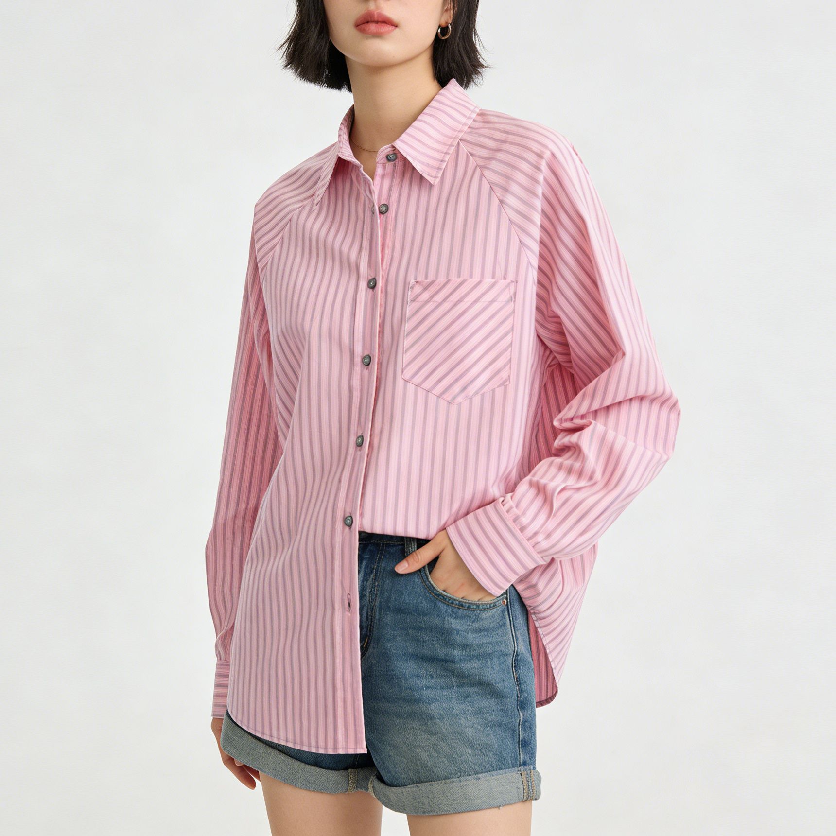 Áo sơ mi nữ dài tay phong cách vintage Pháp họa tiết sọc hồng, form rộng thoải mái — bột chi tiết 3