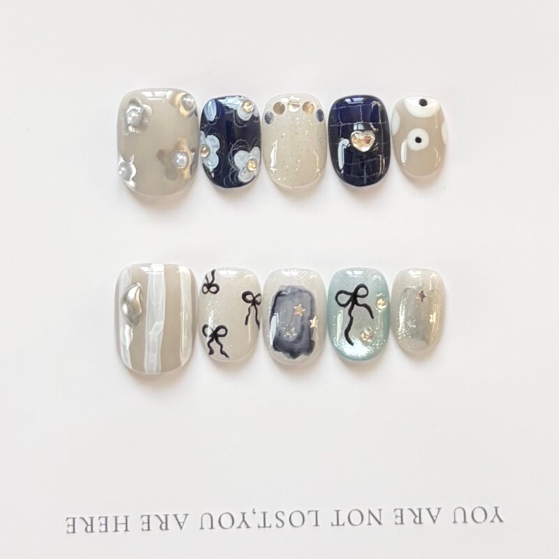 Purely Handmade Wearable Nails, Niche Flower Smudged Lines, Cat Eye Design, High-End Whitening Manicure Wholesale