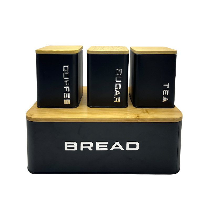 Caja de almacenamiento de pan nórdico personalizada Juego de 4 piezas Caja de pan Tapa de bambú Contenedor de almacenamiento de cocina doméstica Tarro de frijoles de café