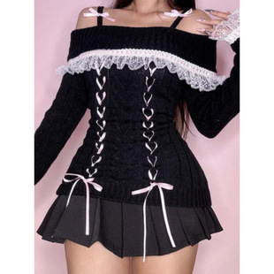 O 4089LLace-tied off-shoulder sweater �ٽz����һ�ּ�ë��