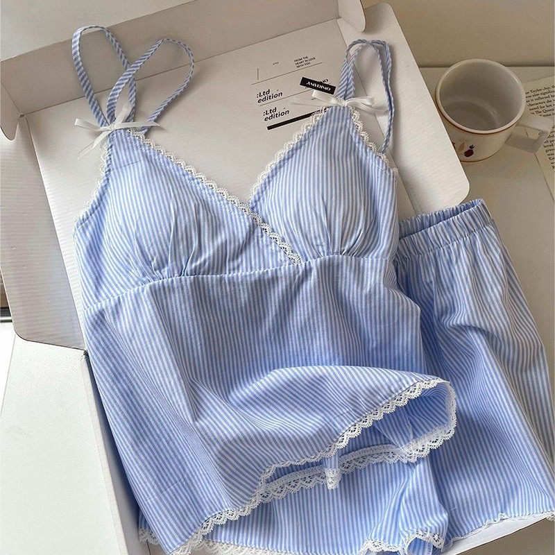 Pantalones cortos con cojín de pecho pijama de verano nuevo algodón nube de alta sensación de chicas polvo a rayas set de ropa para el hogar