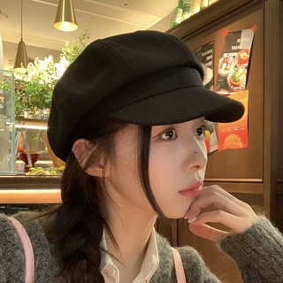 凉芳 复古毛呢八角帽女秋冬百搭黑色贝雷帽显脸小报童画家帽