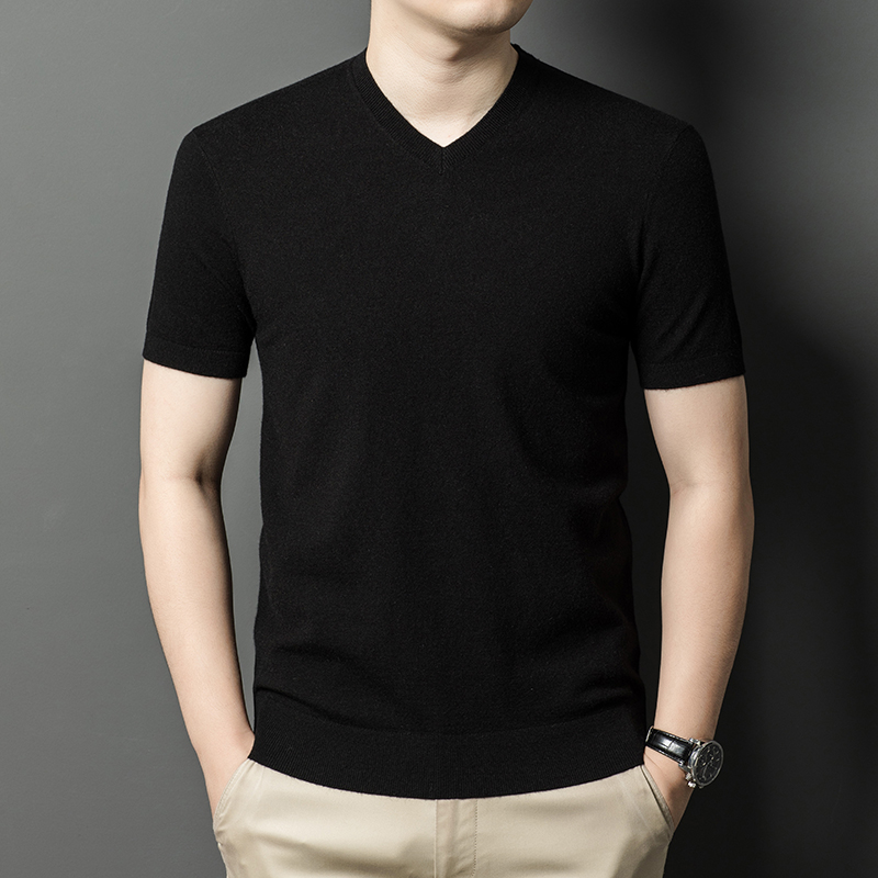 Ordos 100% cachemira pura, hombre de manga corta, suéter de lana de punto de cuello medio alto, suéter de manga media gruesa