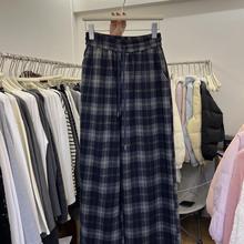韩版冬季潮流新款十三行森系田园风格子抽绳休闲呢料加绒女长裤潮