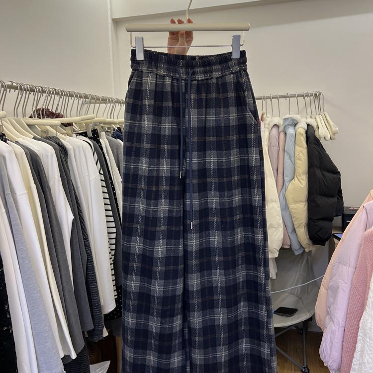韩版冬季潮流新款十三行森系田园风格子抽绳休闲呢料加绒女长裤潮