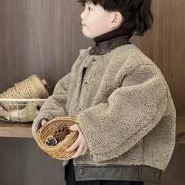 男童冬季毛毛衣棉服套装2024新款加厚拼接外套裤子两件套加厚保暖