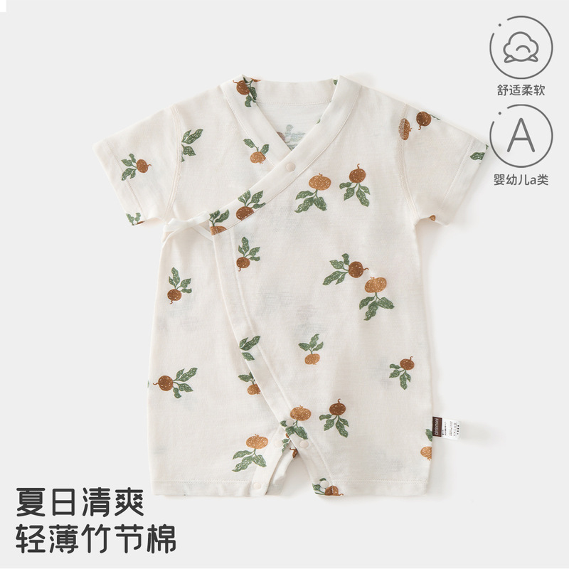Baby Clothes Summer Bamboo Cotton Monk-Style Clothing Infant and Toddler Class a Romper Side-Opening Tie-Up Printed Crawling Suit
