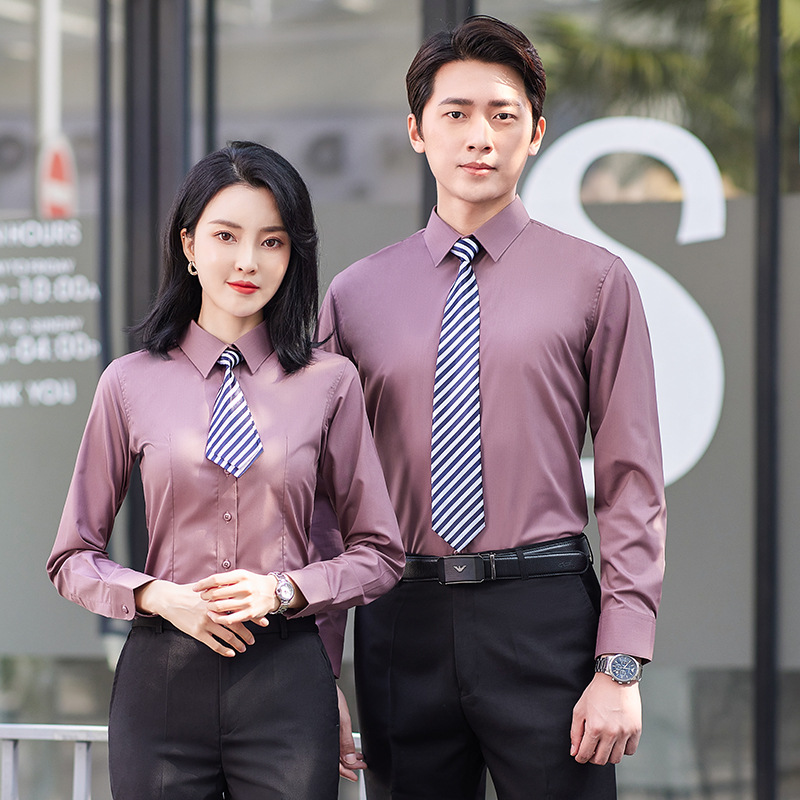 2024年春装商务正装铁锈红衬衣长袖男女同款衬衫职业装酒店工作服