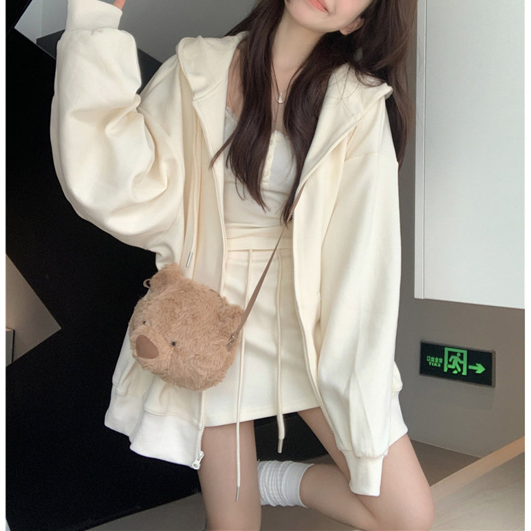 慵懒风连帽宽松长袖卫衣外套高腰半身短裙女2025秋季新款时尚套装|undefined
