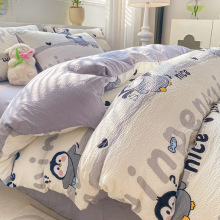 泡泡纱水洗棉印花床上四件套单人学生宿舍床单被套床笠三件套清新