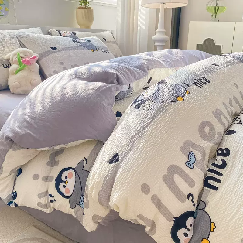 泡泡纱水洗棉印花床上四件套单人学生宿舍床单被套床笠三件套清新