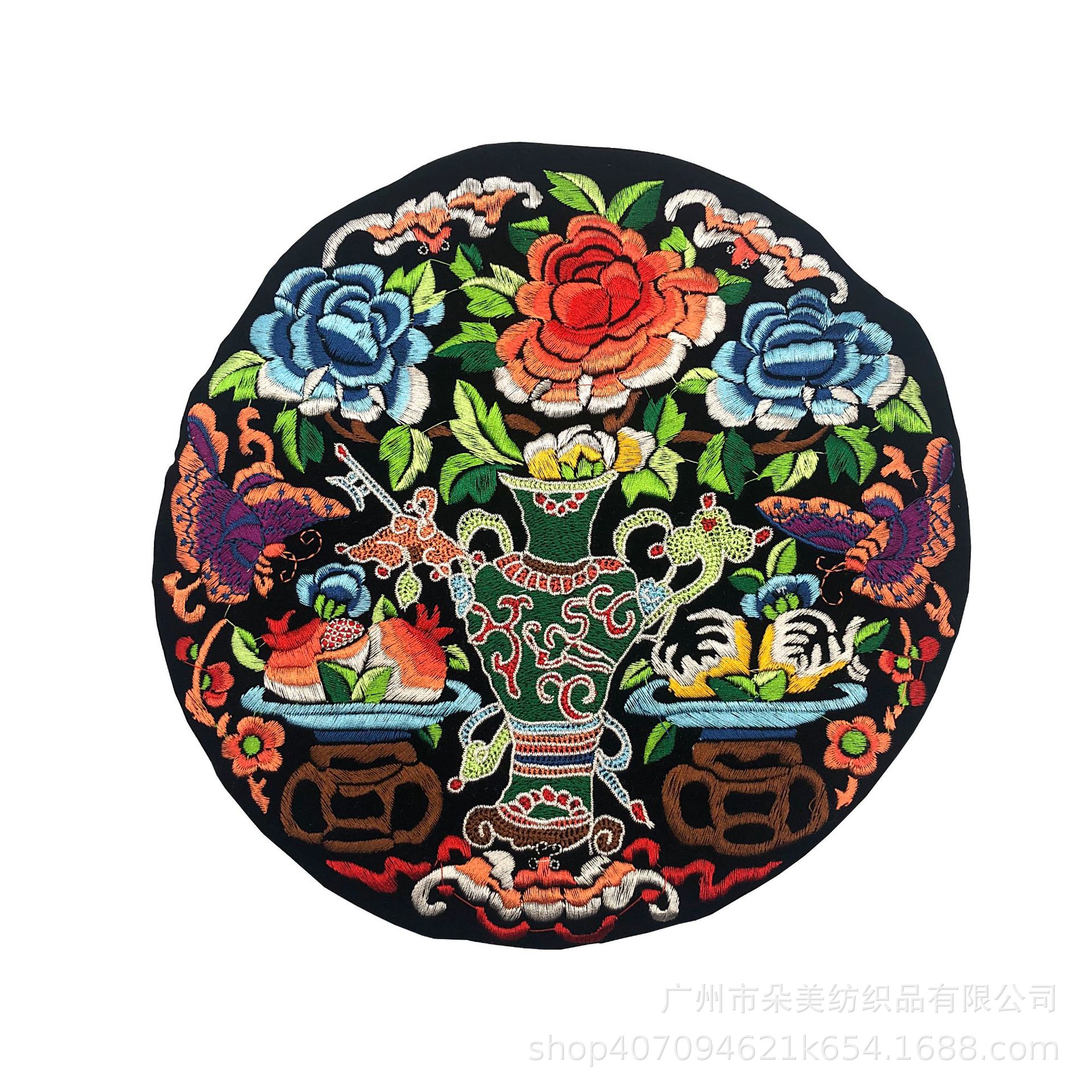 中国风民族刺绣圆形花瓶布贴 高密度绣花 服装辅料包包修补贴