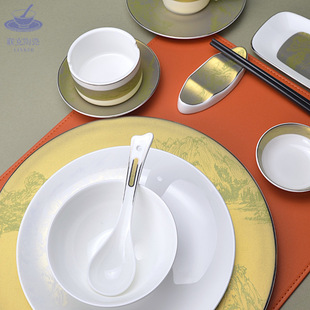 High-End Hotel Tableware, High Bone China, New Chinoiserie Landscape Painting Dishes and Plates Set, Accessible Luxury Style Private Dishes