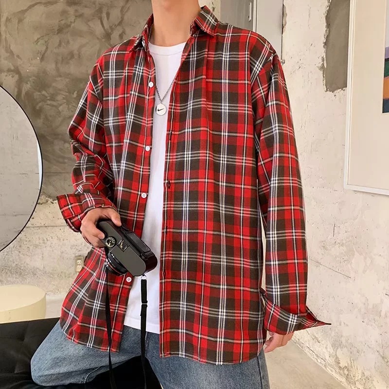 Kişi üçün uzunqol plaid köynək, casual üslub