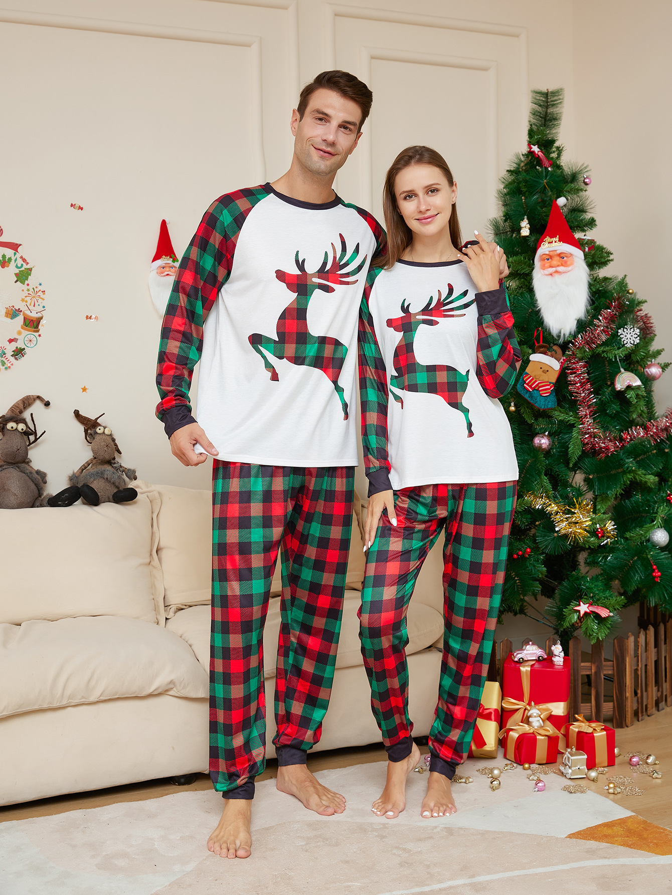 Pajamas Family Type Cotton Fabric Type Family Look Plaid Reindeer Printing Pant Co-ord Set T-shirt Two-Piece Sets