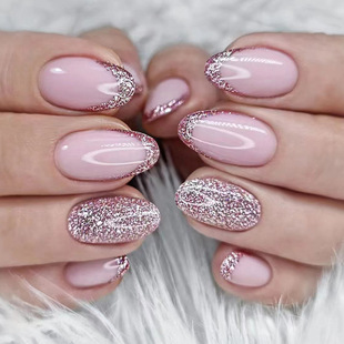 Short Round Head Flash Pink French Wear Armour European and American Spice Girls Fake nails Wearable Nail nails nails