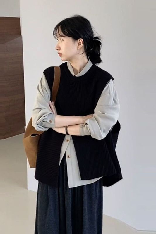早秋韩版百搭通勤清新套装女2025秋季新款复古长袖衬衫纯色马甲两|undefined