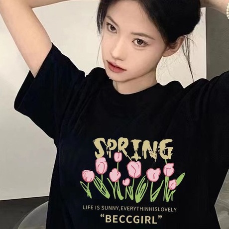 冰丝潮流t恤宽松字母印花圆领短袖T恤女夏季新款潮流百搭冰凉体恤