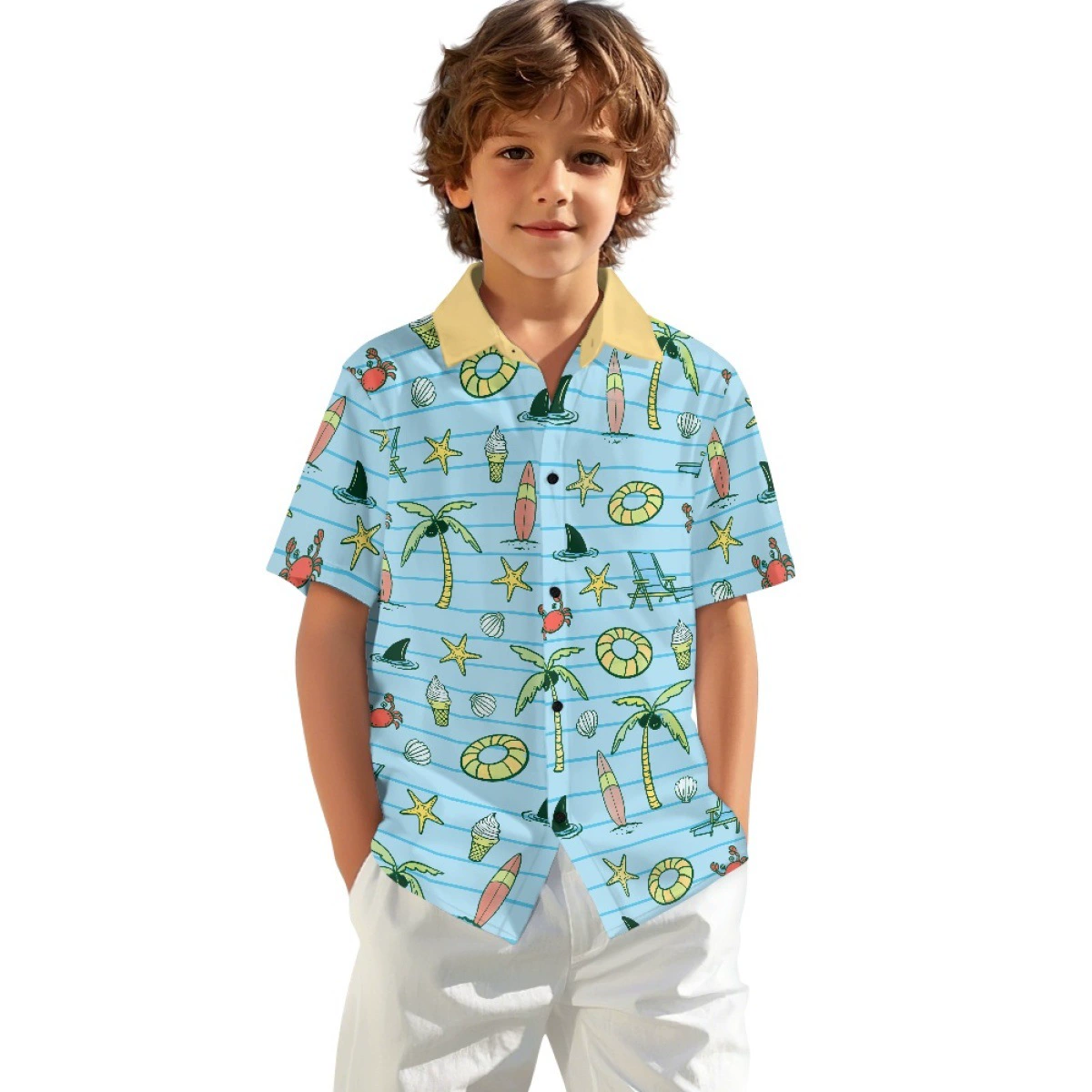 Популярные трансграничные детские рубашки из листовой ткани, термотрансферная печать с летними элементами, удобные рубашки на пуговицах.