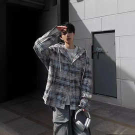 美式复古ifashion上衣男设计感小众衬衣外套潮扎染格子连帽衬衫男