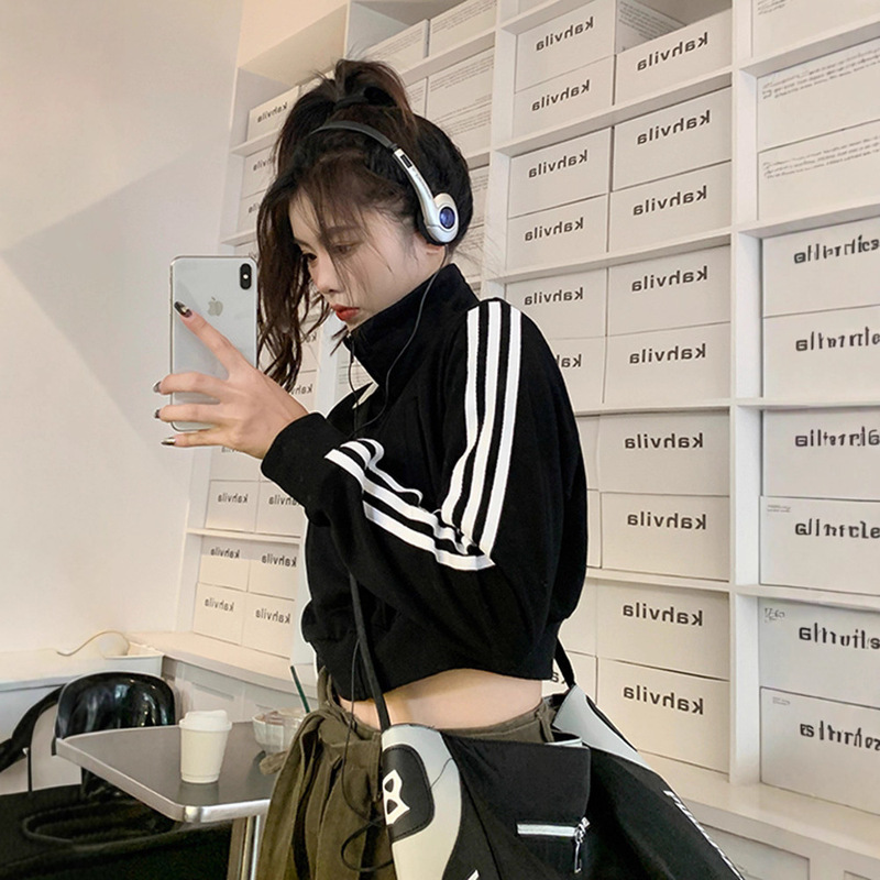 American retro striped short sports sweater women's autumn slim stand collar long sleeve sun protection coat black top fashion