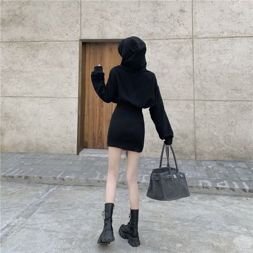 Slimming High-Waisted Bodycon Long-Sleeve French Style Hooded Dress for Women, 2024 Autumn New Short Skirt Iris Dress