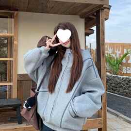 韩系大码新款小众胖MM开衫美式加绒设计加厚秋冬季保暖宽松外套潮