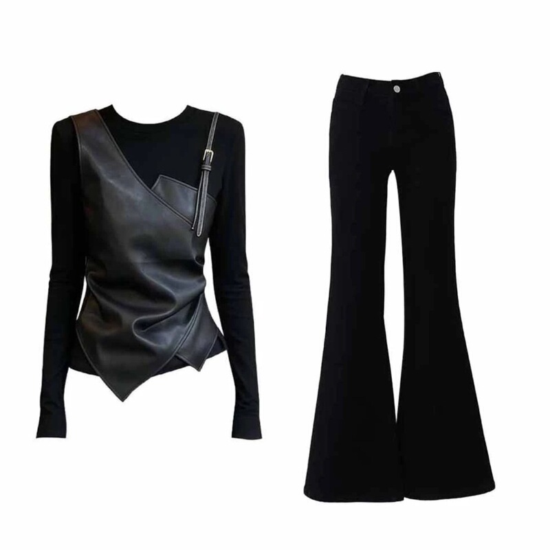 Pu Leather Patchwork Faux Two-Piece Design Long-Sleeve T-Shirt for Women, Autumn and Winter Slim-Fit Fashion Base Shirt Top and Pants Set Pu Leather Patchwork Faux Two-Piece Design Long-Sleeve T-Shirt for Women, Autumn and Winter Slim-Fit Fashion Base Shirt Top and Pants Set