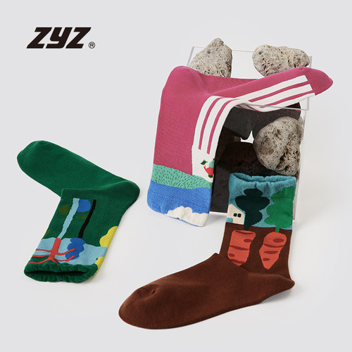 ZYZ original design women's socks cute cartoon landscape illustration printed mid-calf socks 5 pairs boxed Xinjiang cotton socks for women