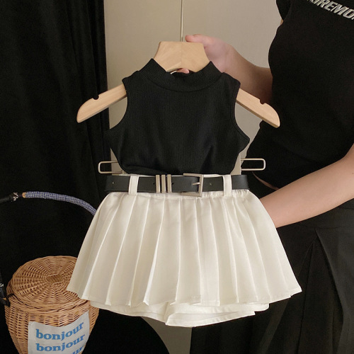 Korean children's clothing  new summer style girls' fashionable knitted sleeveless vest sweet and cool fashion pleated skirt pants suit